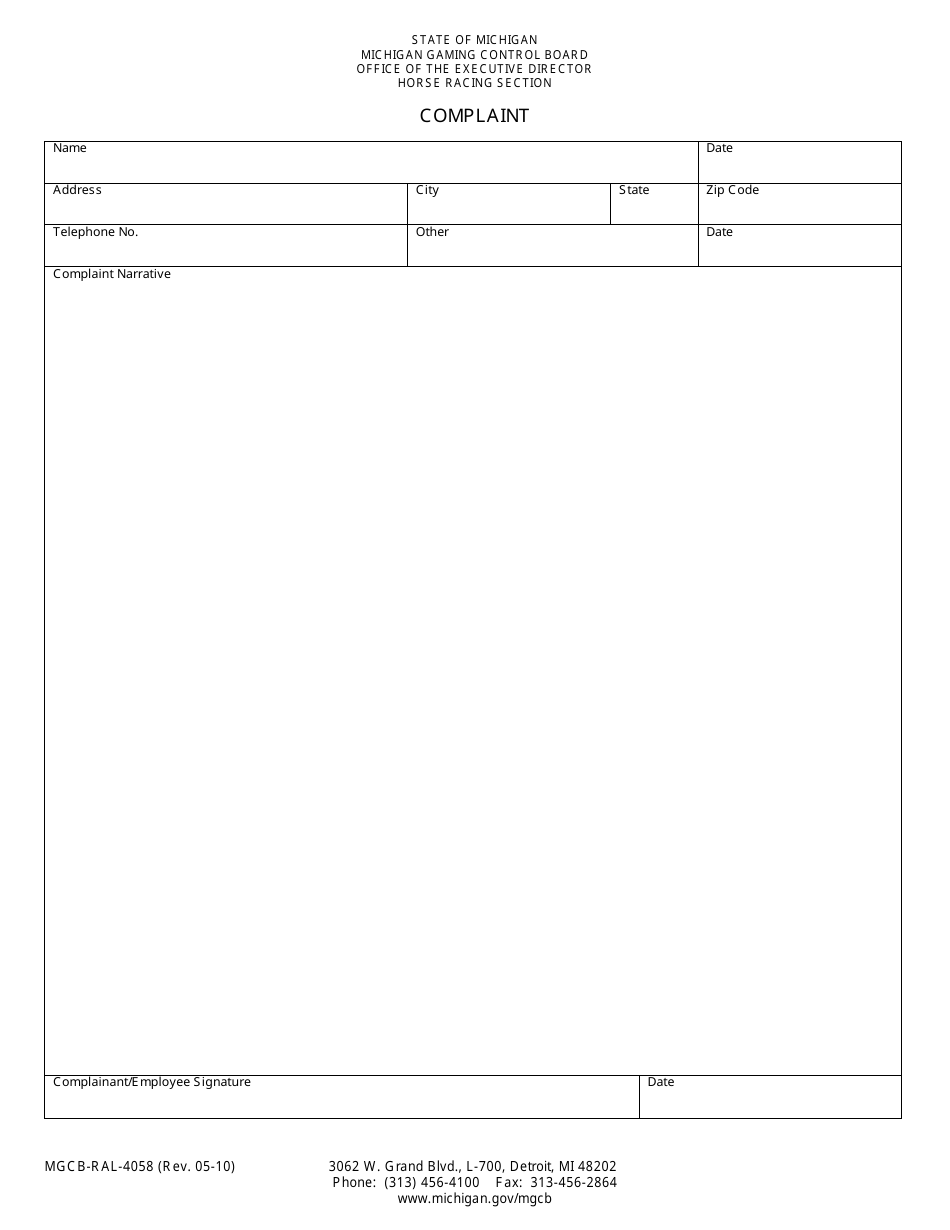 Form MGCB-RAL-4058 Complaint - Michigan, Page 1