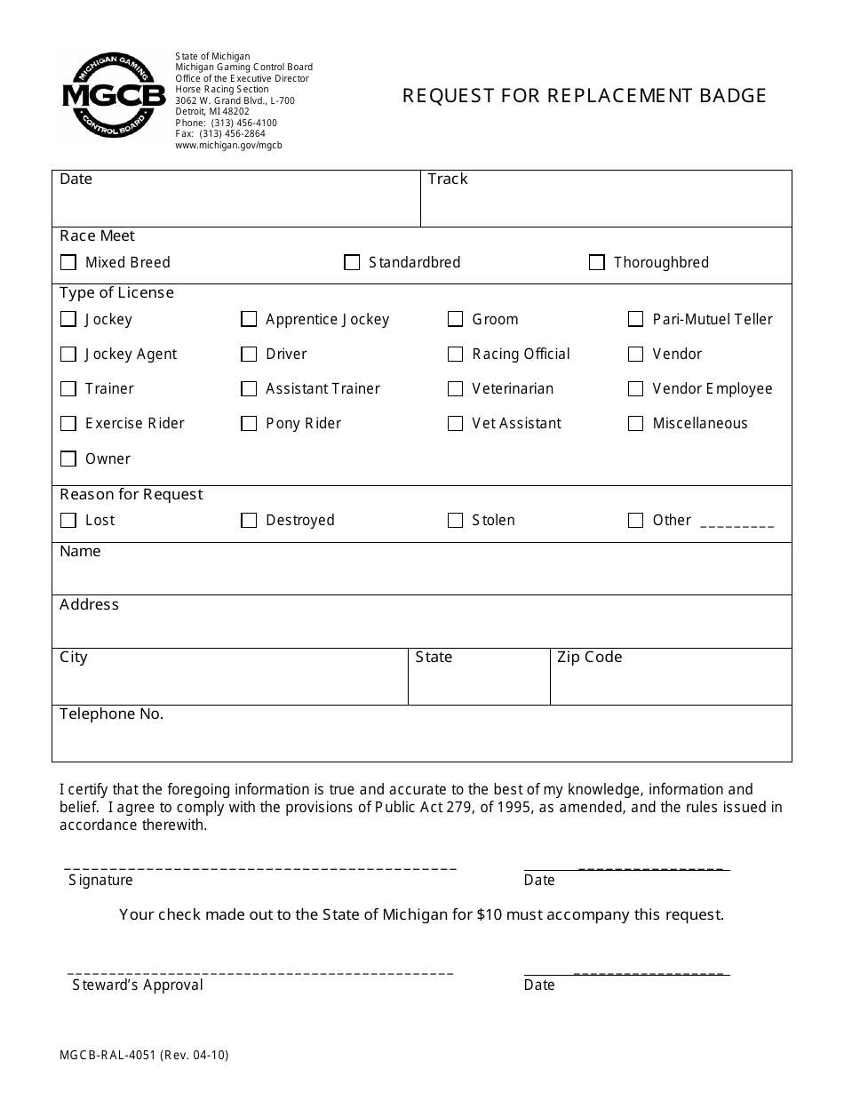 Form MGCB-RAL-4051 Request for Replacement Badge - Michigan, Page 1