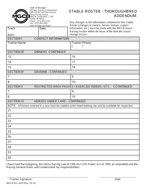 Form MGCB-RAL-4039  Printable Pdf