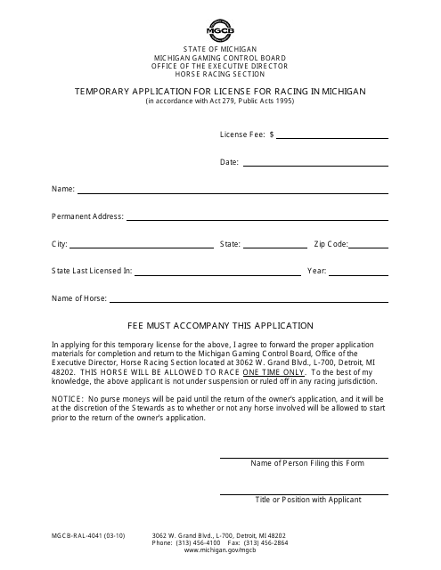 Form MGCB-RAL-4041 Temporary Application for License for Racing in Michigan - Michigan