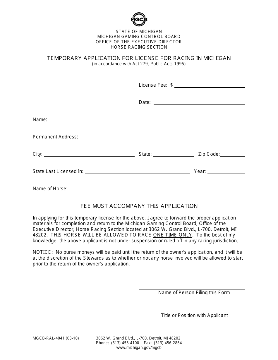 Form MGCB-RAL-4041 Temporary Application for License for Racing in Michigan - Michigan, Page 1