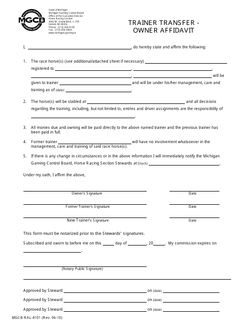 Form MGCB-RAL-4101 Trainer Transfer - Owner Affidavit - Michigan