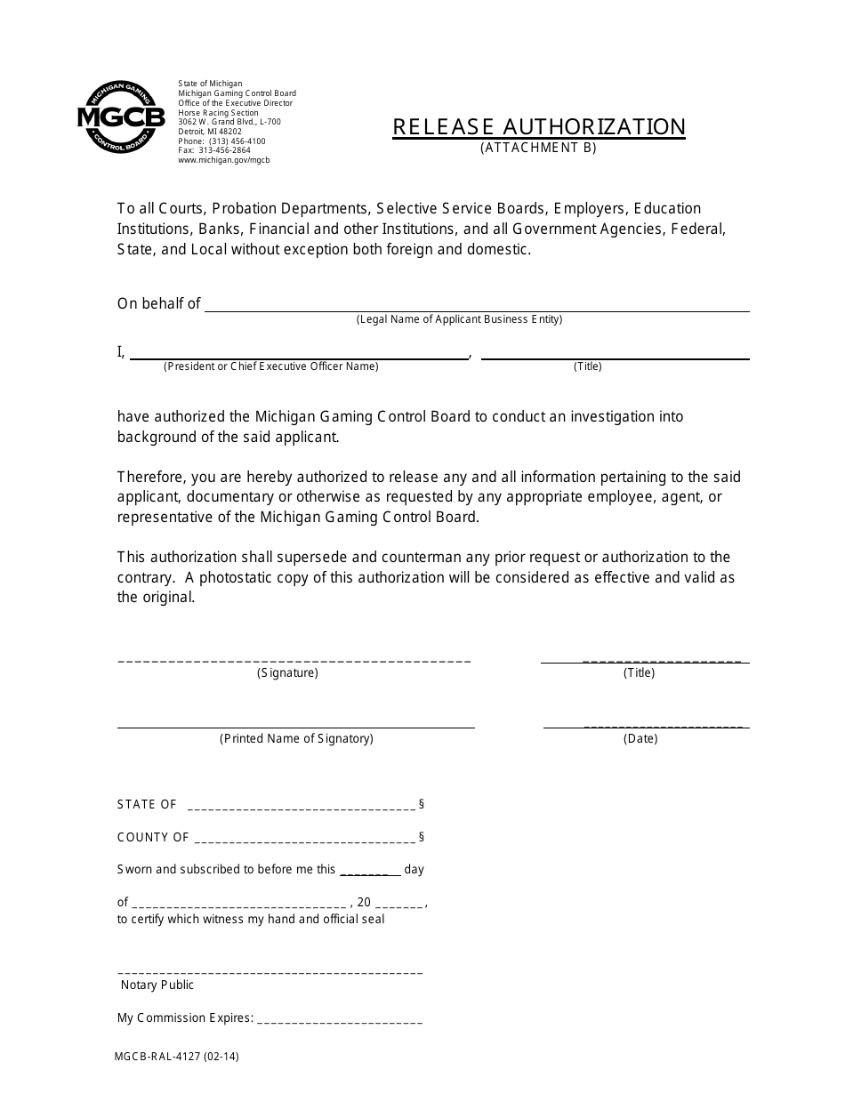 Form MGCB-RAL-4127 Attachment B Release Authorization - Michigan, Page 1