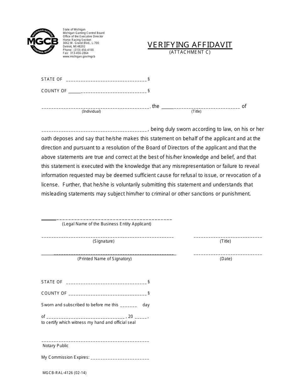 Form MGCB-RAL-4126 Attachment C Verifying Affidavit - Michigan, Page 1
