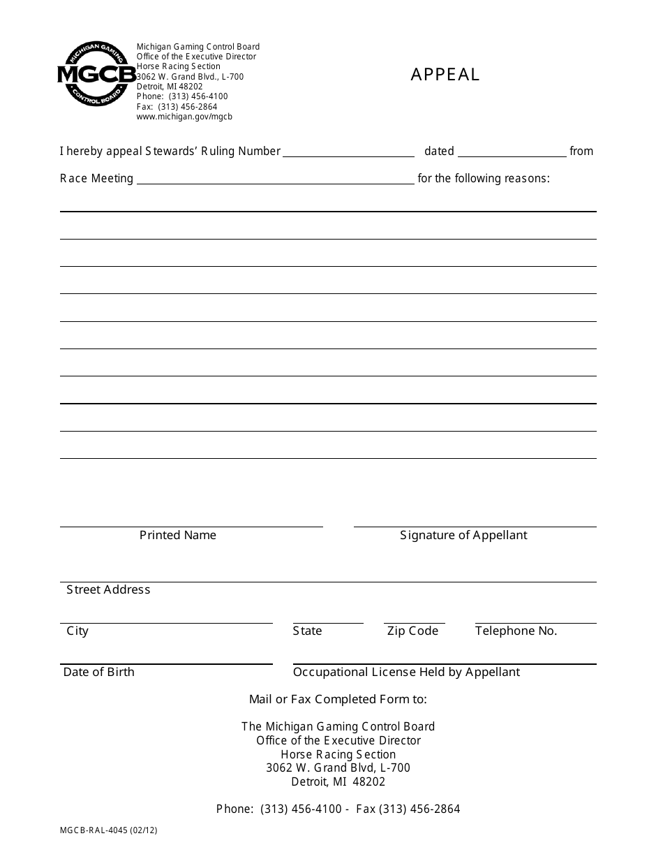 Form MGCBRAL4045 Download Printable PDF or Fill Online Appeal