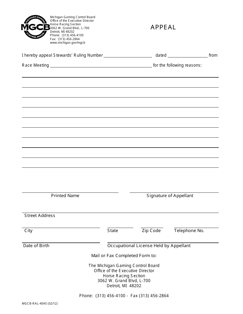 Form MGCB-RAL-4045 Appeal - Michigan, Page 1
