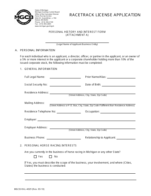 Form MGCB-RAL-4029 Attachment A Racetrack License Application - Personal History and Interest Form - Michigan