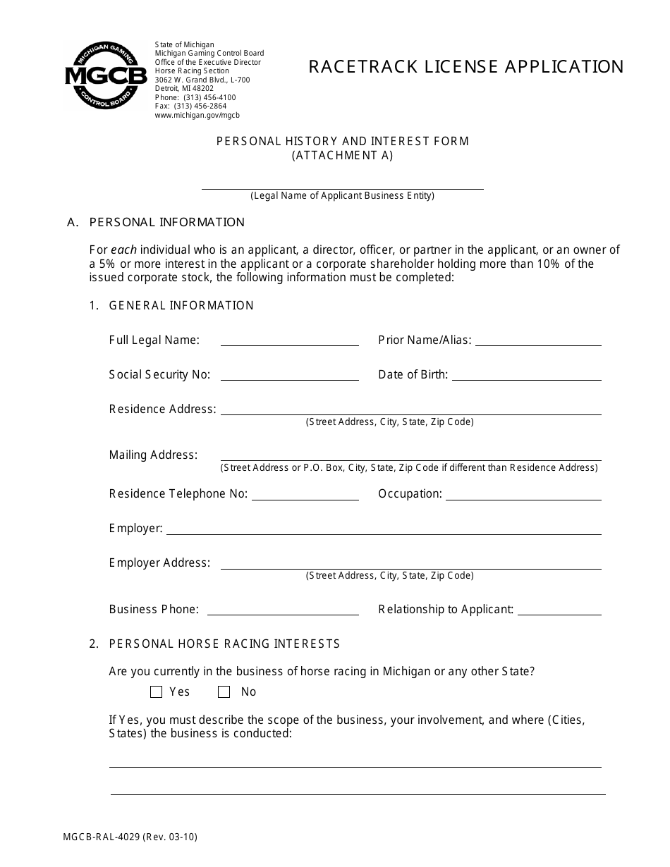 Form MGCB-RAL-4029 Attachment A Racetrack License Application - Personal History and Interest Form - Michigan, Page 1