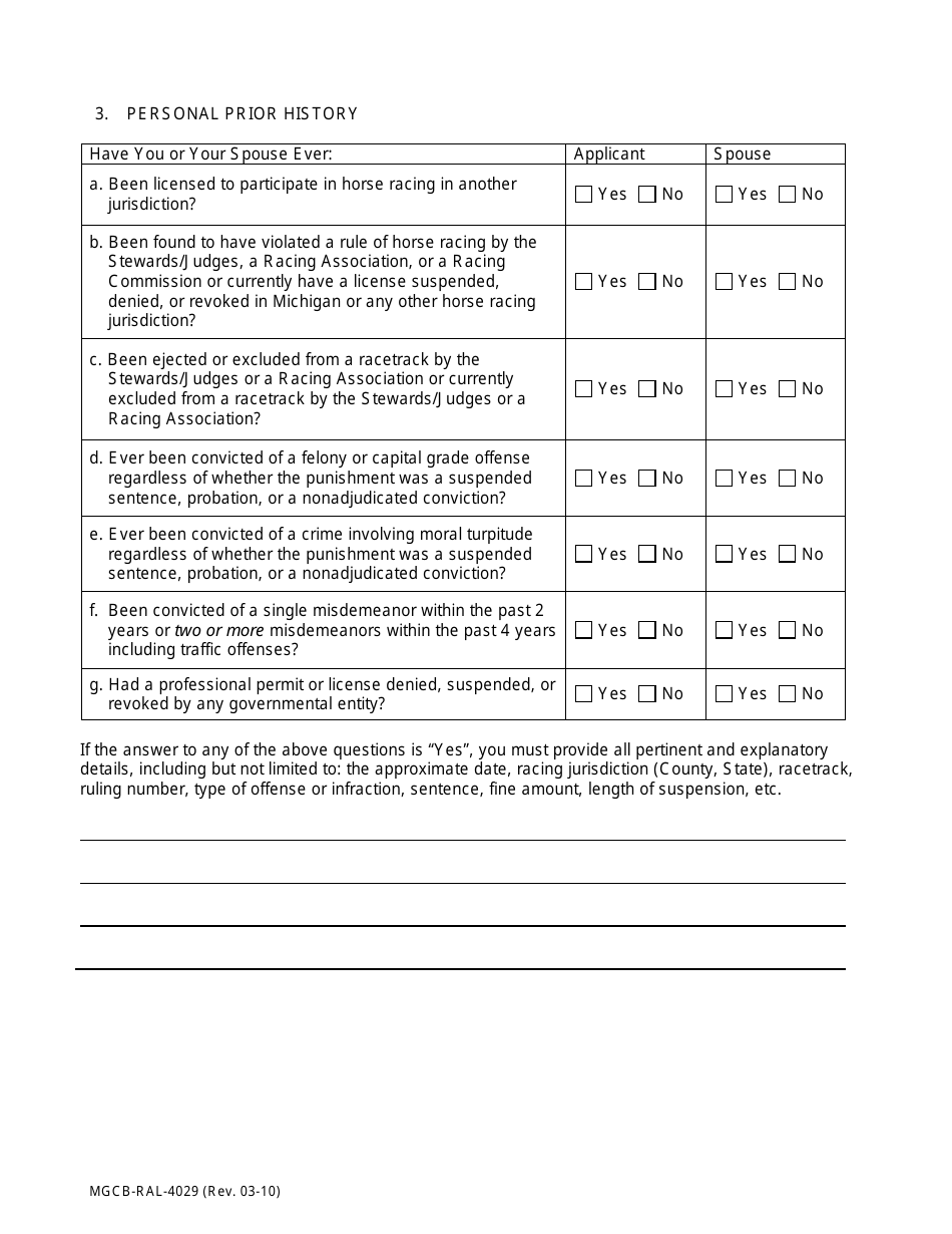 Form MGCB-RAL-4029 Attachment A Racetrack License Application - Personal History and Interest Form - Michigan, Page 2