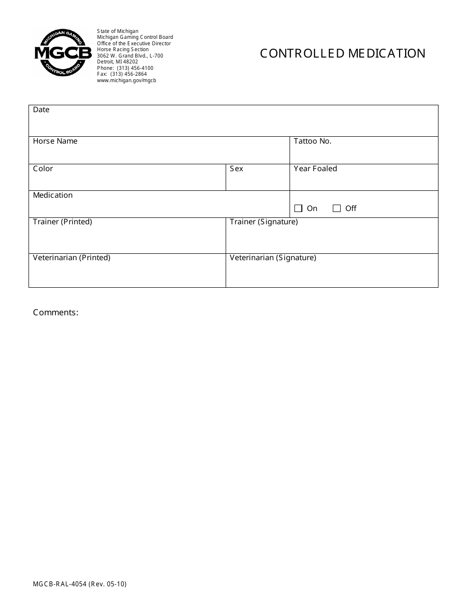 Form MGCB-RAL-4054 Controlled Medication - Michigan, Page 1