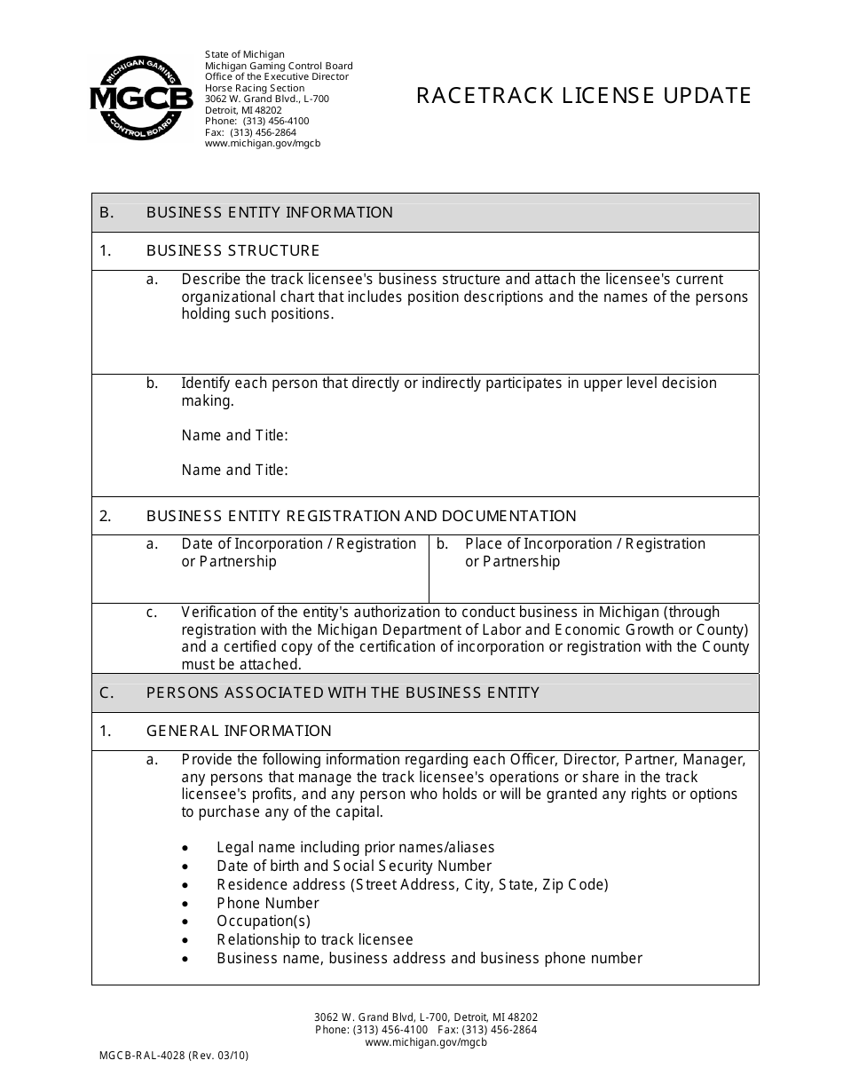 Form MGCB-RAL-4028 Racetrack License Update - Michigan, Page 2
