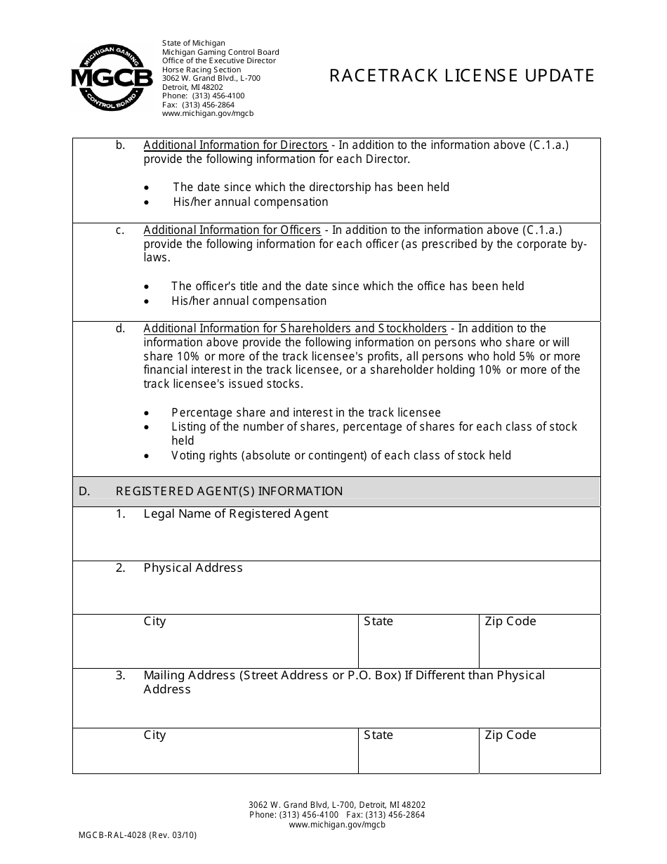 Form MGCB-RAL-4028 Racetrack License Update - Michigan, Page 3
