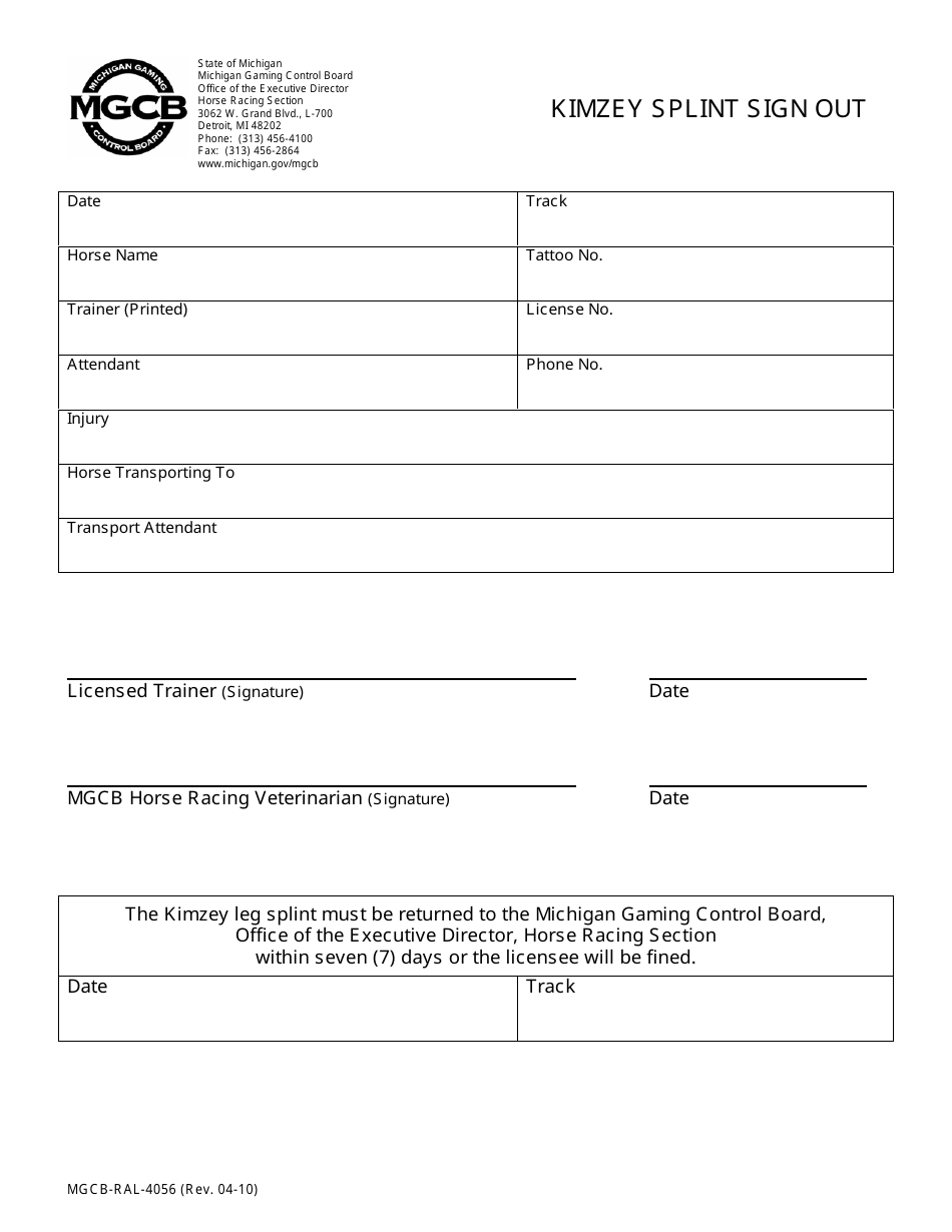 Form MGCB-RAL-4056 Kimzey Splint Sign out - Michigan, Page 1