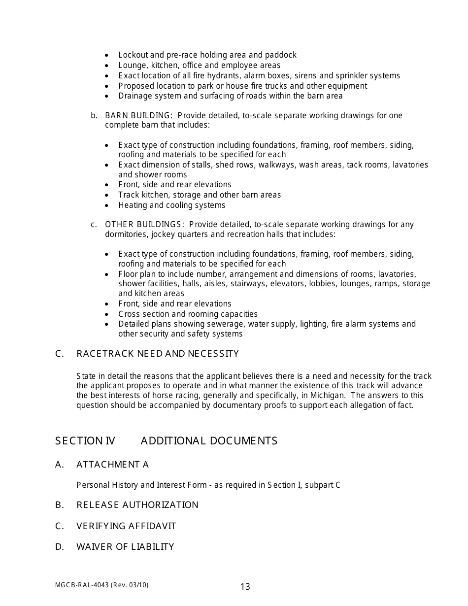 Form MGCB-RAL-4043 Racetrack License Application - Michigan, Page 13