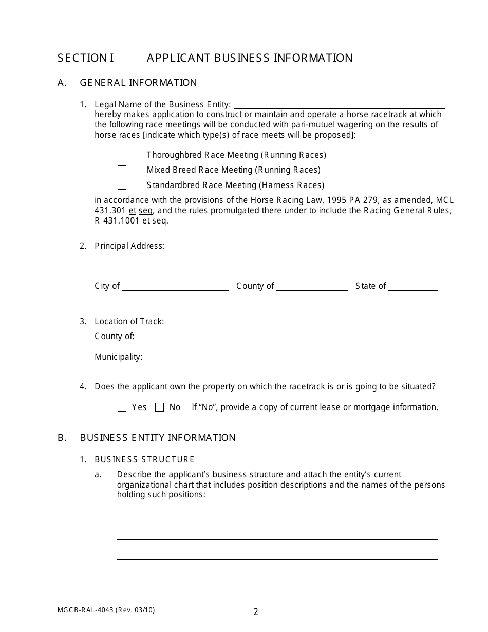 Form MGCB-RAL-4043 Racetrack License Application - Michigan, Page 2