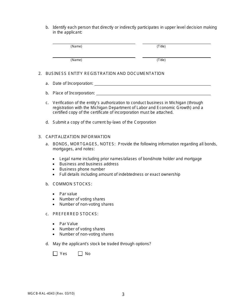 Form MGCB-RAL-4043 Racetrack License Application - Michigan, Page 3