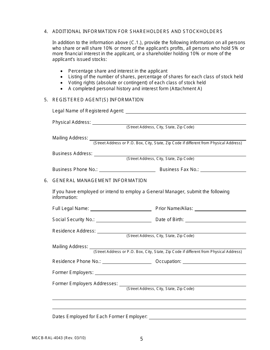 Form MGCB-RAL-4043 Racetrack License Application - Michigan, Page 5