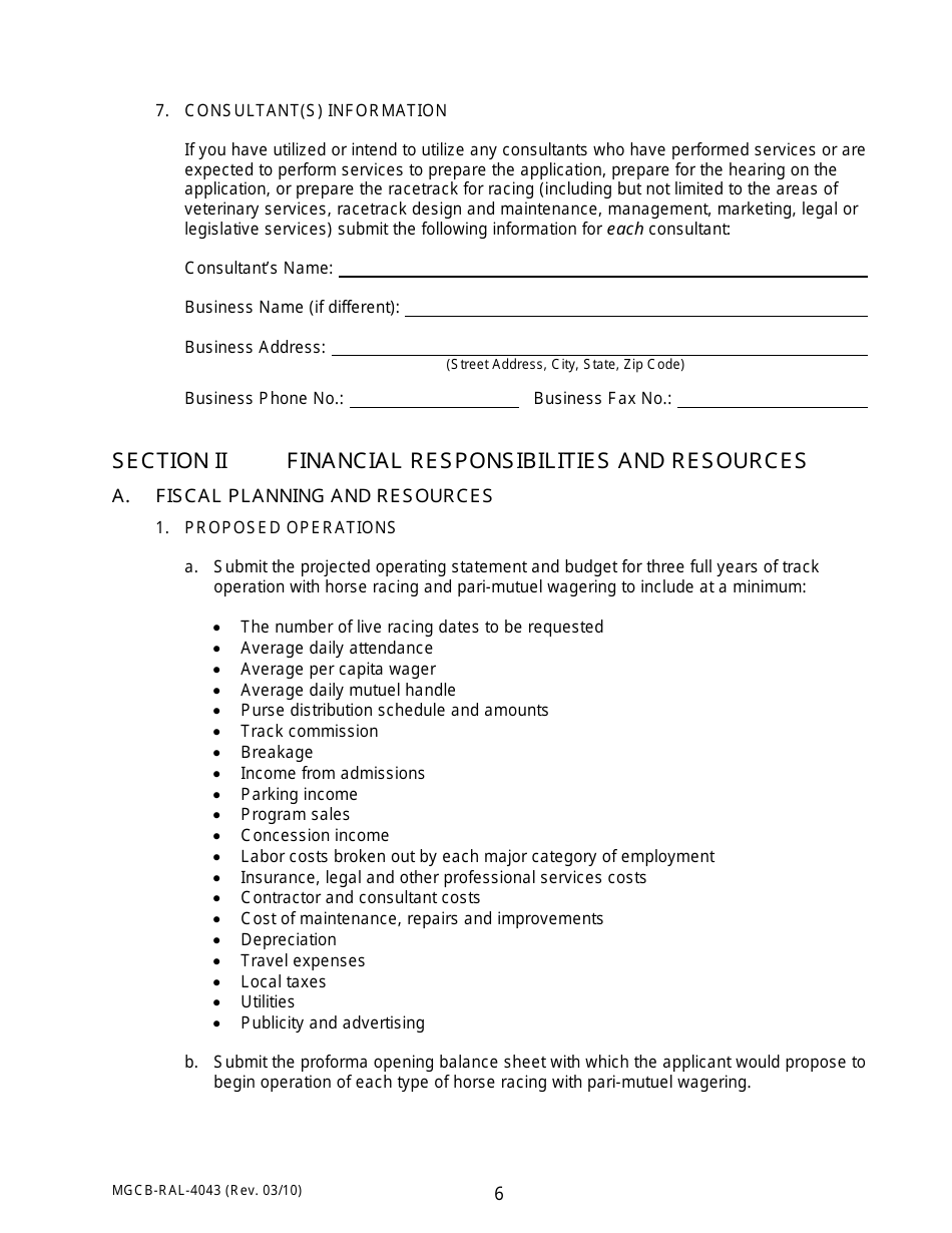 Form MGCB-RAL-4043 Racetrack License Application - Michigan, Page 6