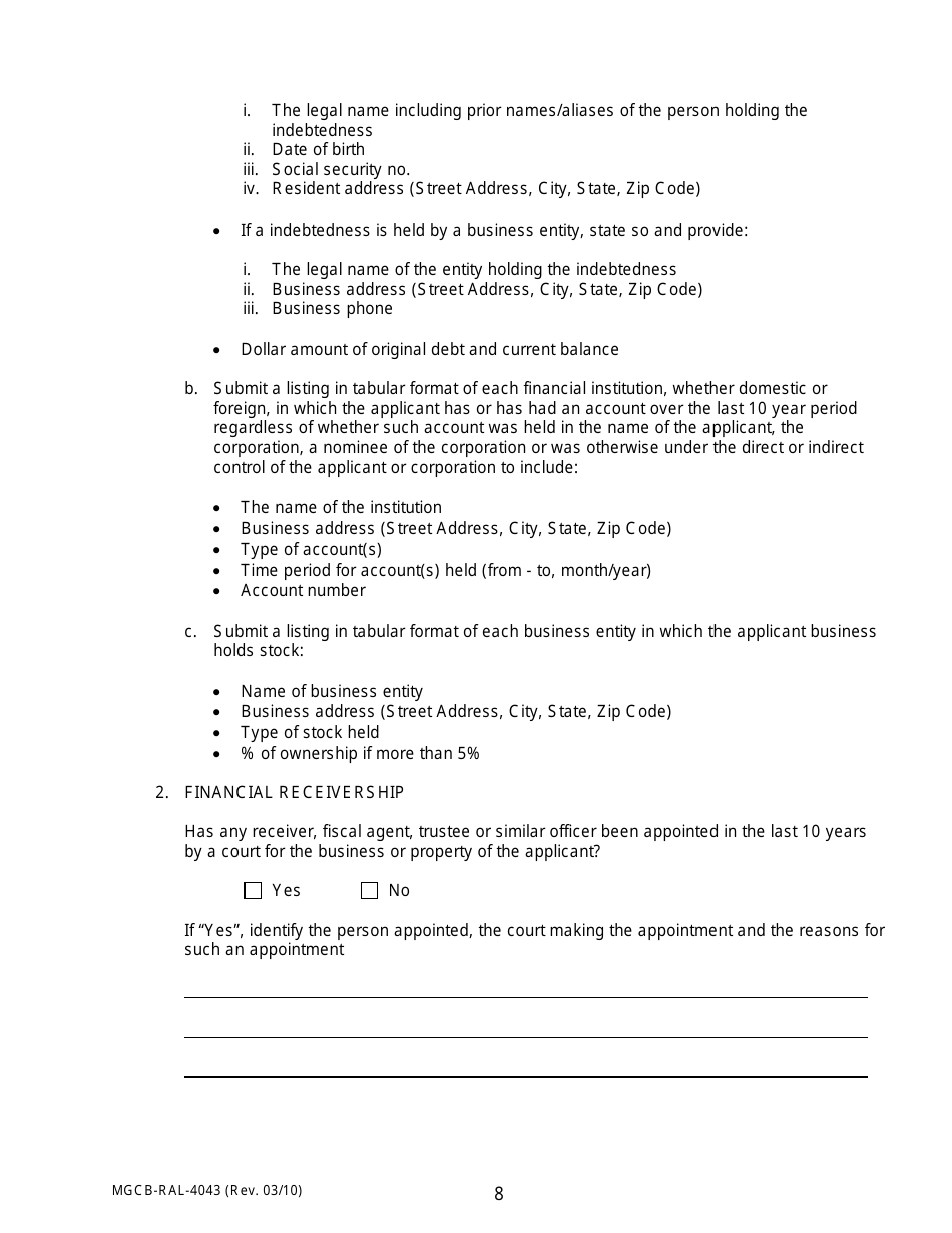 Form MGCB-RAL-4043 Racetrack License Application - Michigan, Page 8