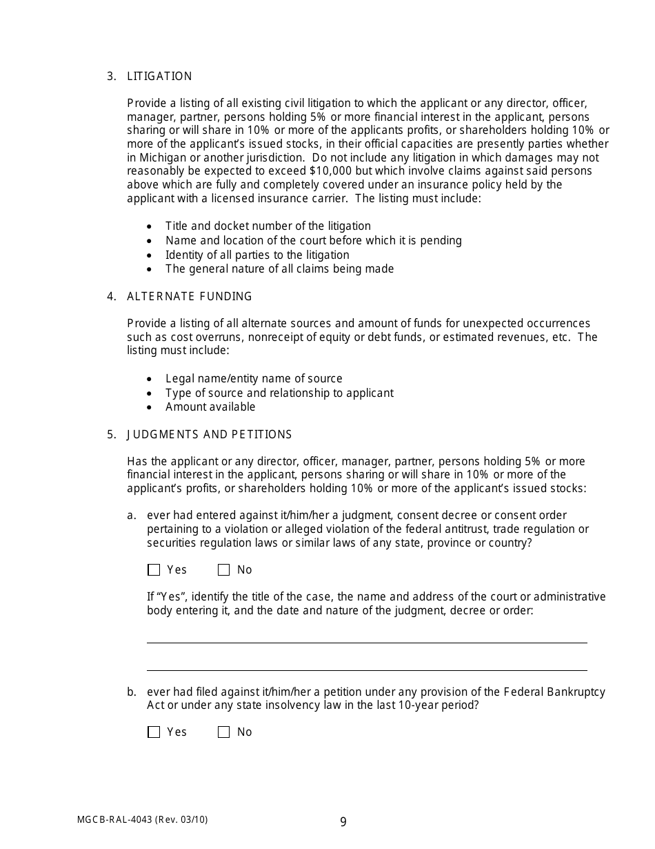 Form MGCB-RAL-4043 Racetrack License Application - Michigan, Page 9