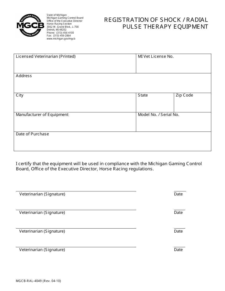 Form MGCB-RAL-4049 Registration of Shock / Radial Pulse Therapy Equipment - Michigan, Page 1