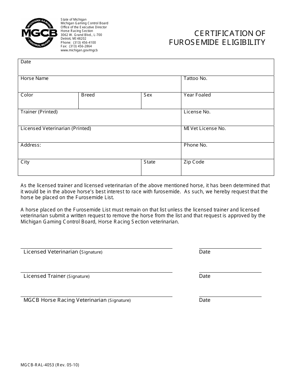 Form MGCB-RAL-4053 Certification of Furosemide Eligibility - Michigan, Page 1