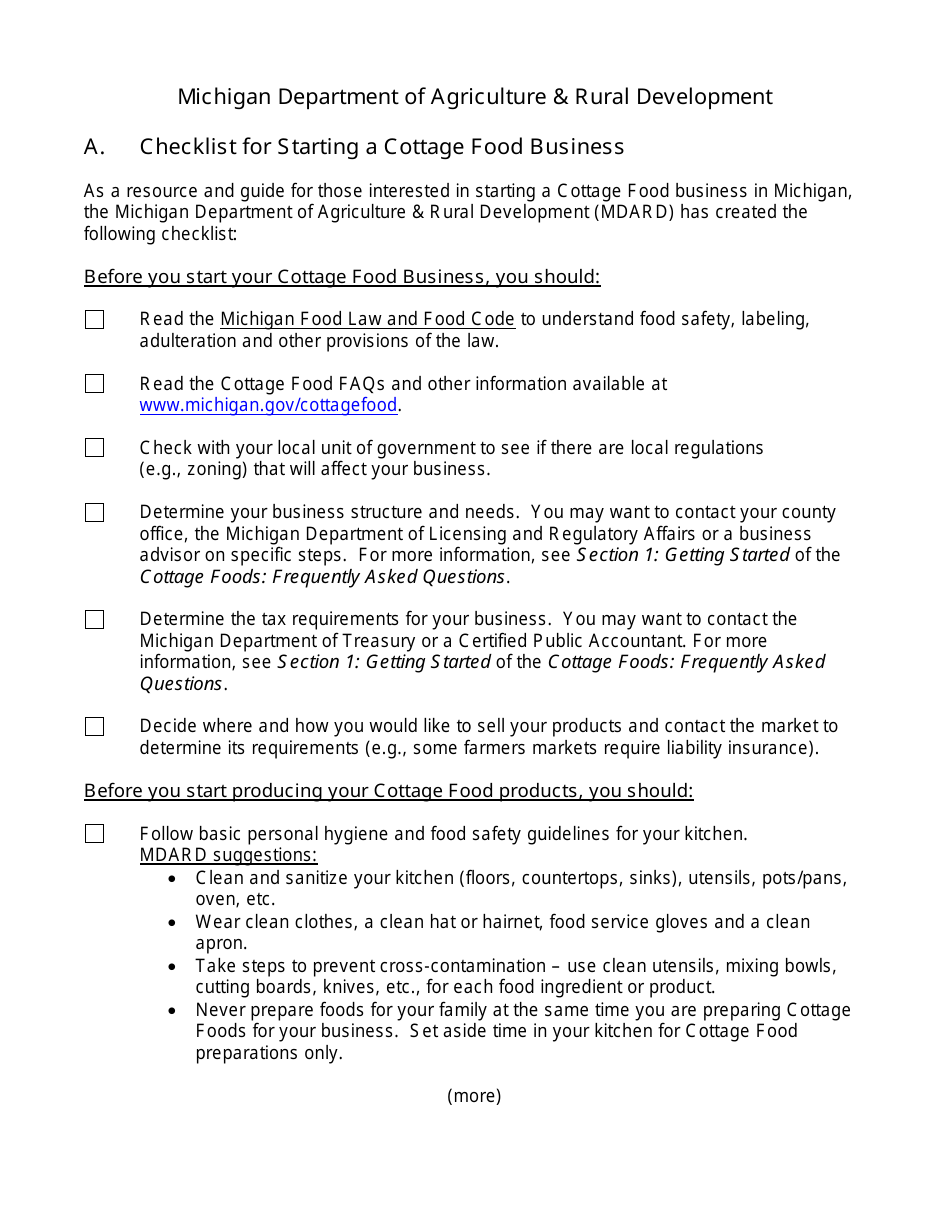 Checklist for Starting a Cottage Food Business - Michigan, Page 1