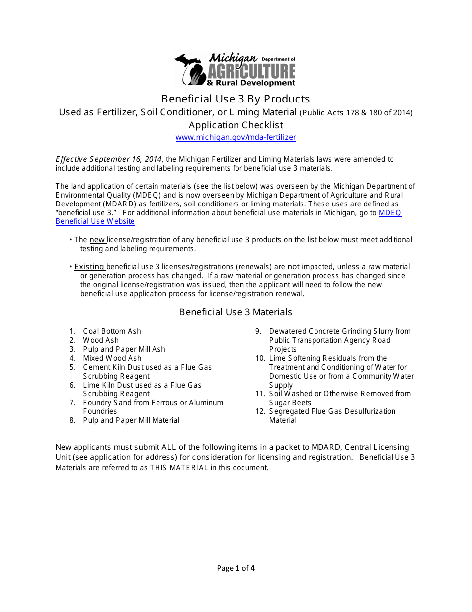 Beneficial Use 3 by Products Application Checklist - Michigan, Page 1