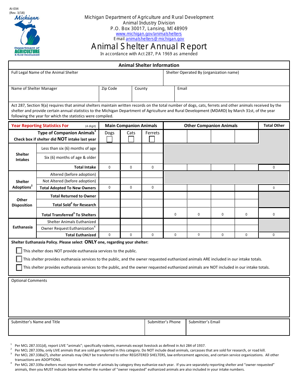 Form AI-034 Animal Shelter Annual Report - Michigan, Page 1