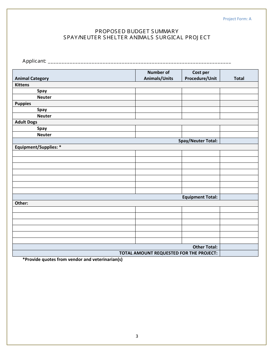 Form A Spay / Neuter Surgical Project Form - Michigan, Page 3