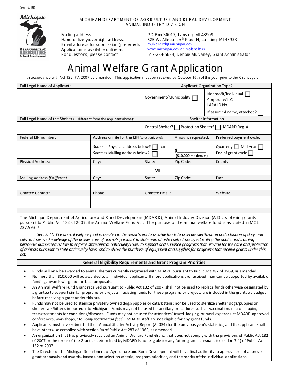 Animal Welfare Fund Grant Application - Michigan, Page 1