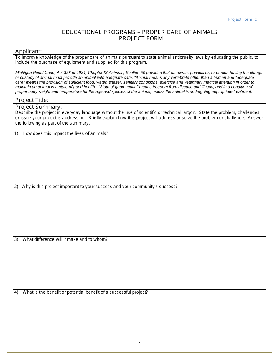 Form C Download Fillable PDF or Fill Online Proper Care of Animals Project  Form Michigan | Templateroller