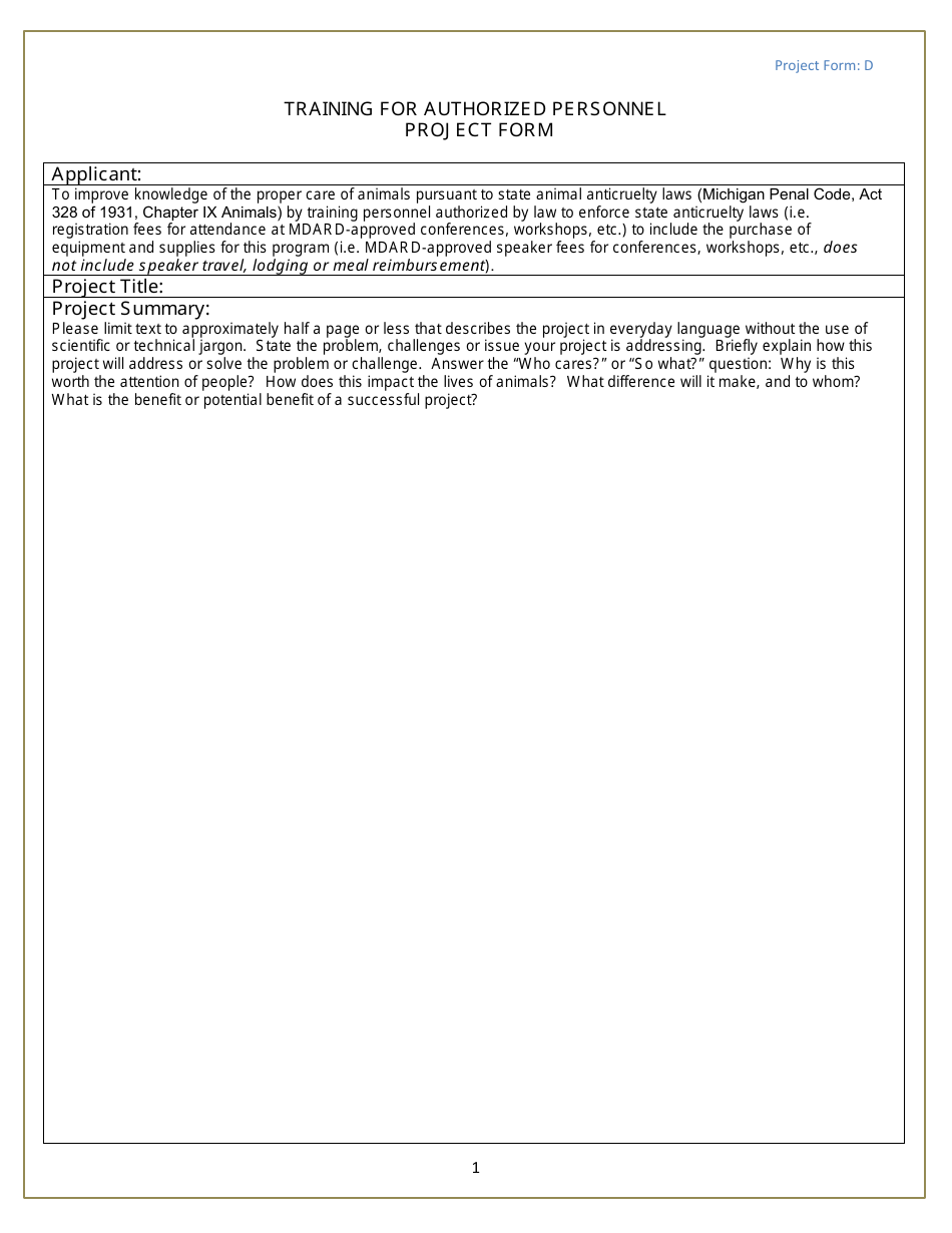 Form D Training for Authorized Personnel Project Form - Michigan, Page 1