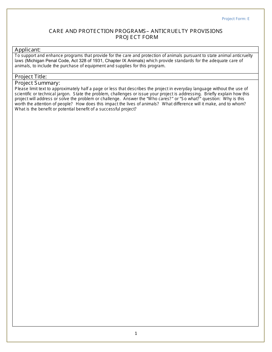 Form E Anticruelty Provisions Project Form - Michigan, Page 1