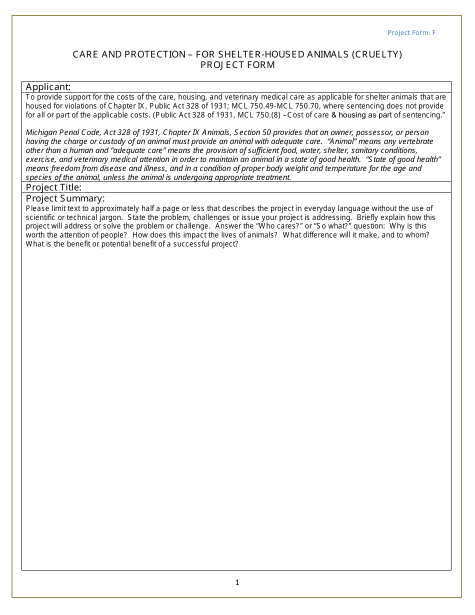 Project Form F Care and Protection for Shelter-Housed Animals (Cruelty) - Michigan, Page 1