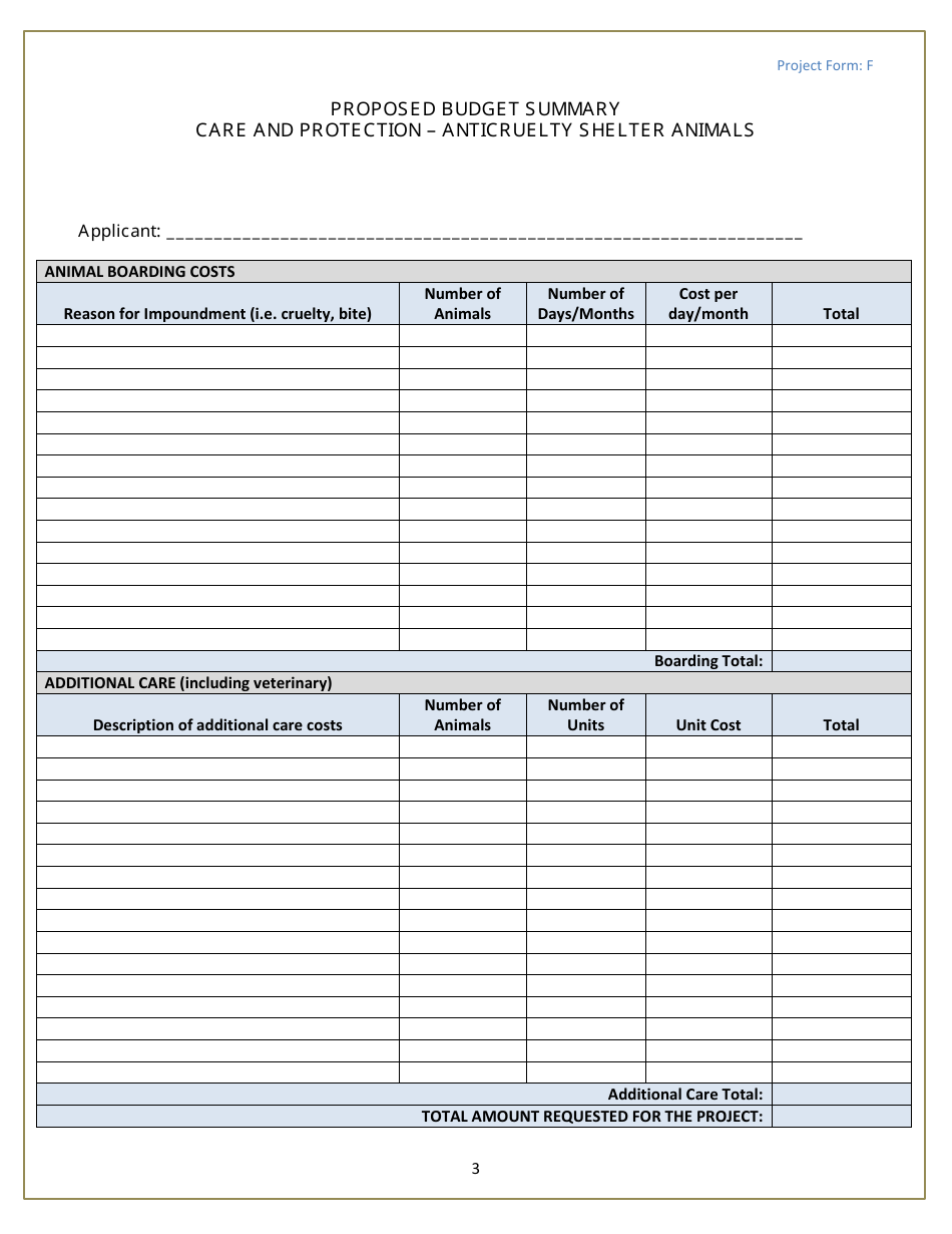 Project Form F Care and Protection for Shelter-Housed Animals (Cruelty) - Michigan, Page 3