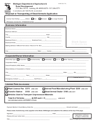 Document preview: Form AH-062 Disposal or Transporting of Dead Animals Application - Michigan