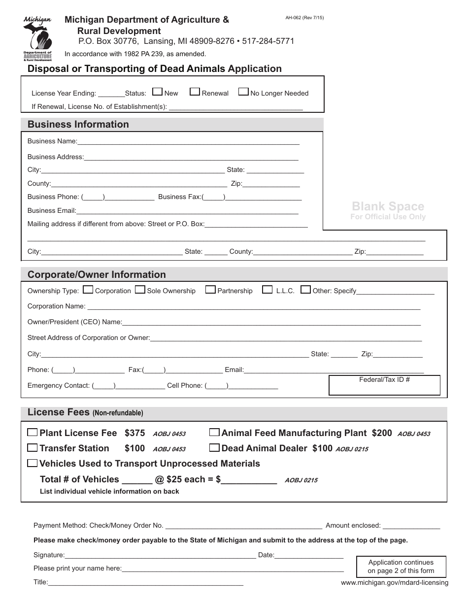 Form AH-062 Disposal or Transporting of Dead Animals Application - Michigan, Page 1