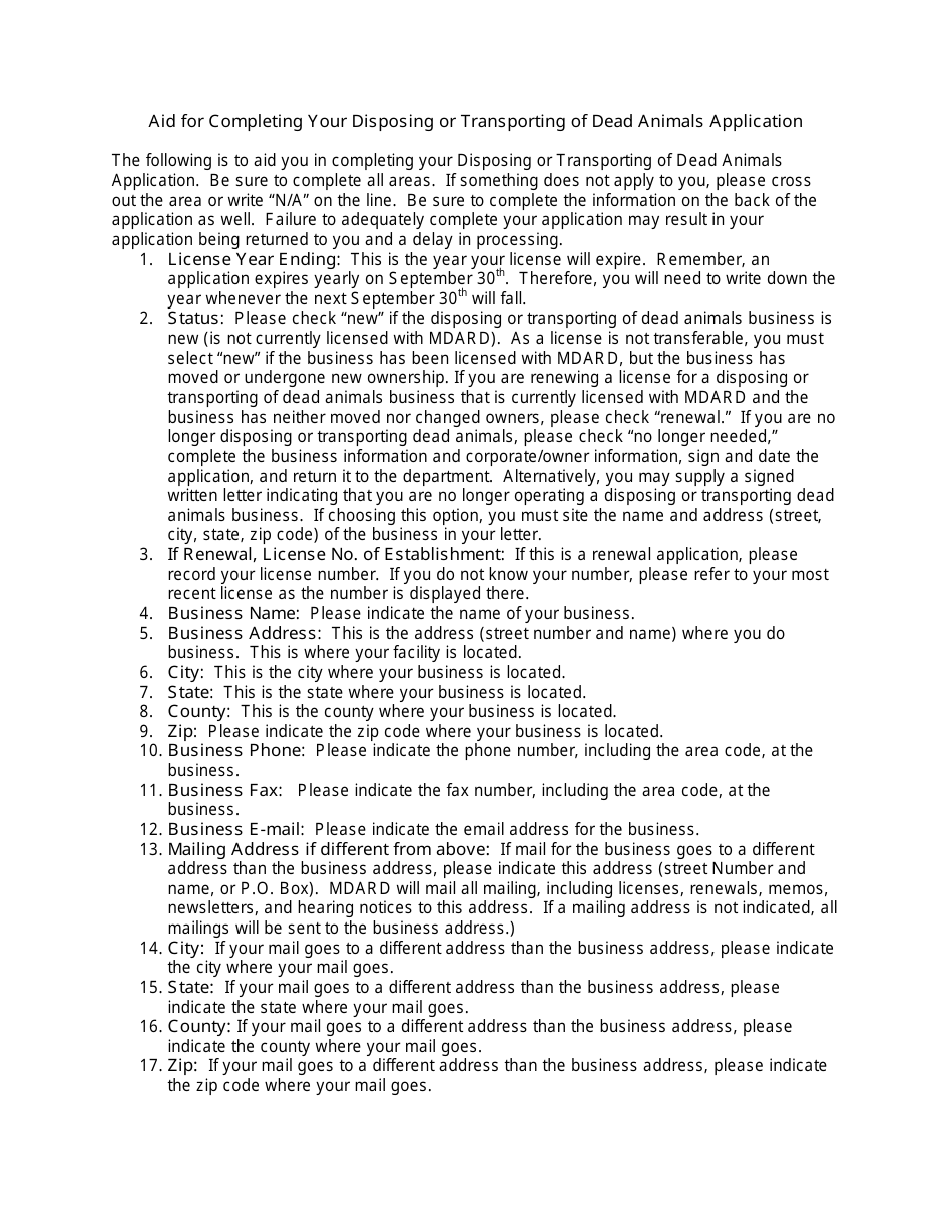Instructions for Form AH-062 Disposal or Transporting of Dead Animals Application - Michigan, Page 1