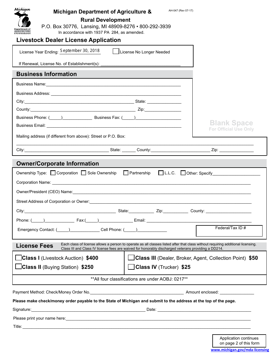 Form AH-047 Livestock Dealer License Application - Michigan, Page 1