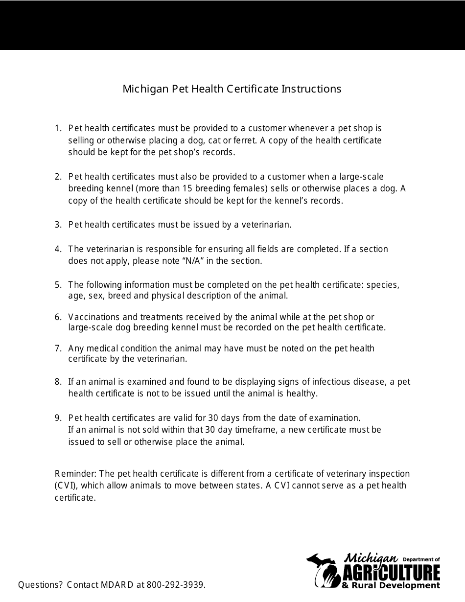 Instructions for Form AH-010 Michigan Pet Health Certificate Instructions - Michigan, Page 1