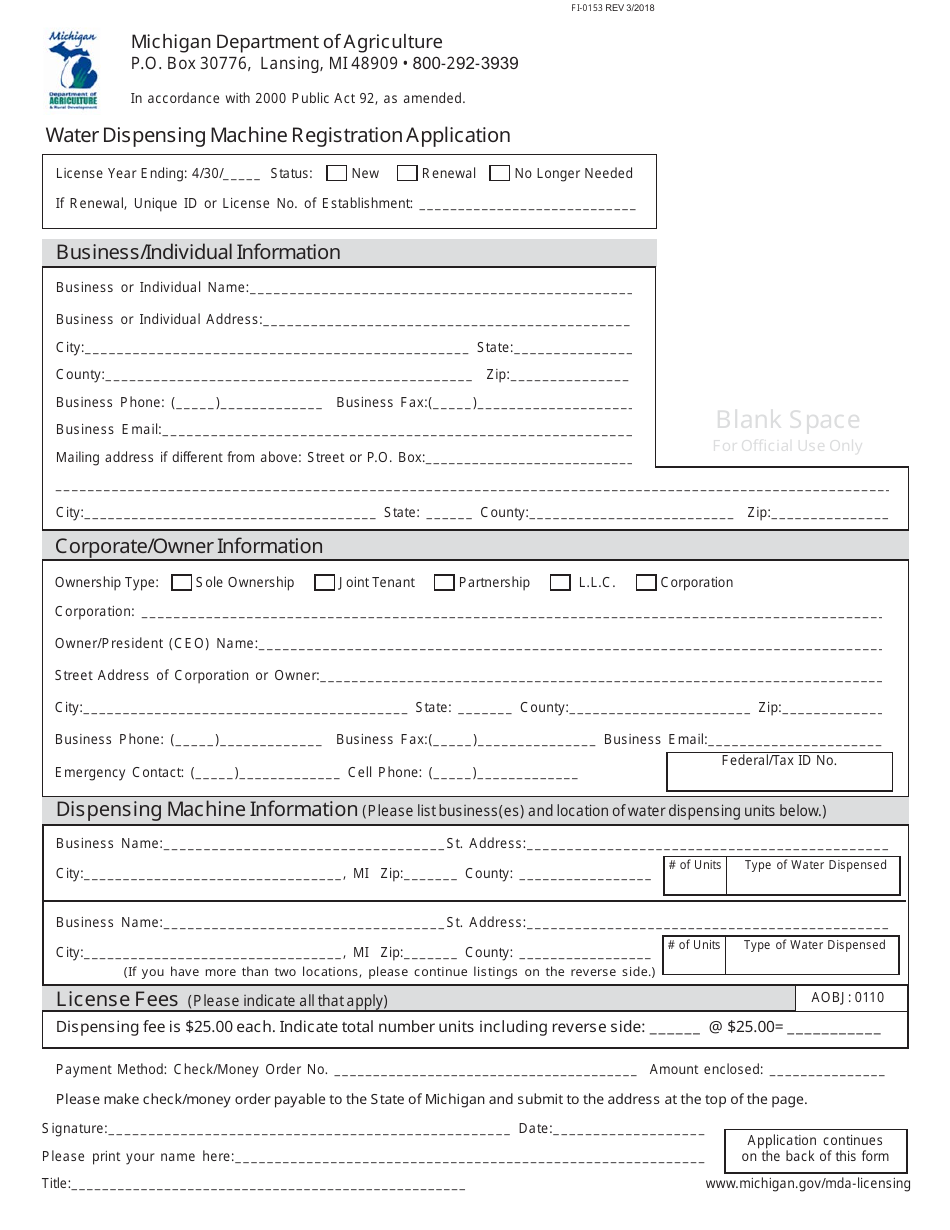 Form FI-0153 Water Dispensing Machine Registration Application - Michigan, Page 1