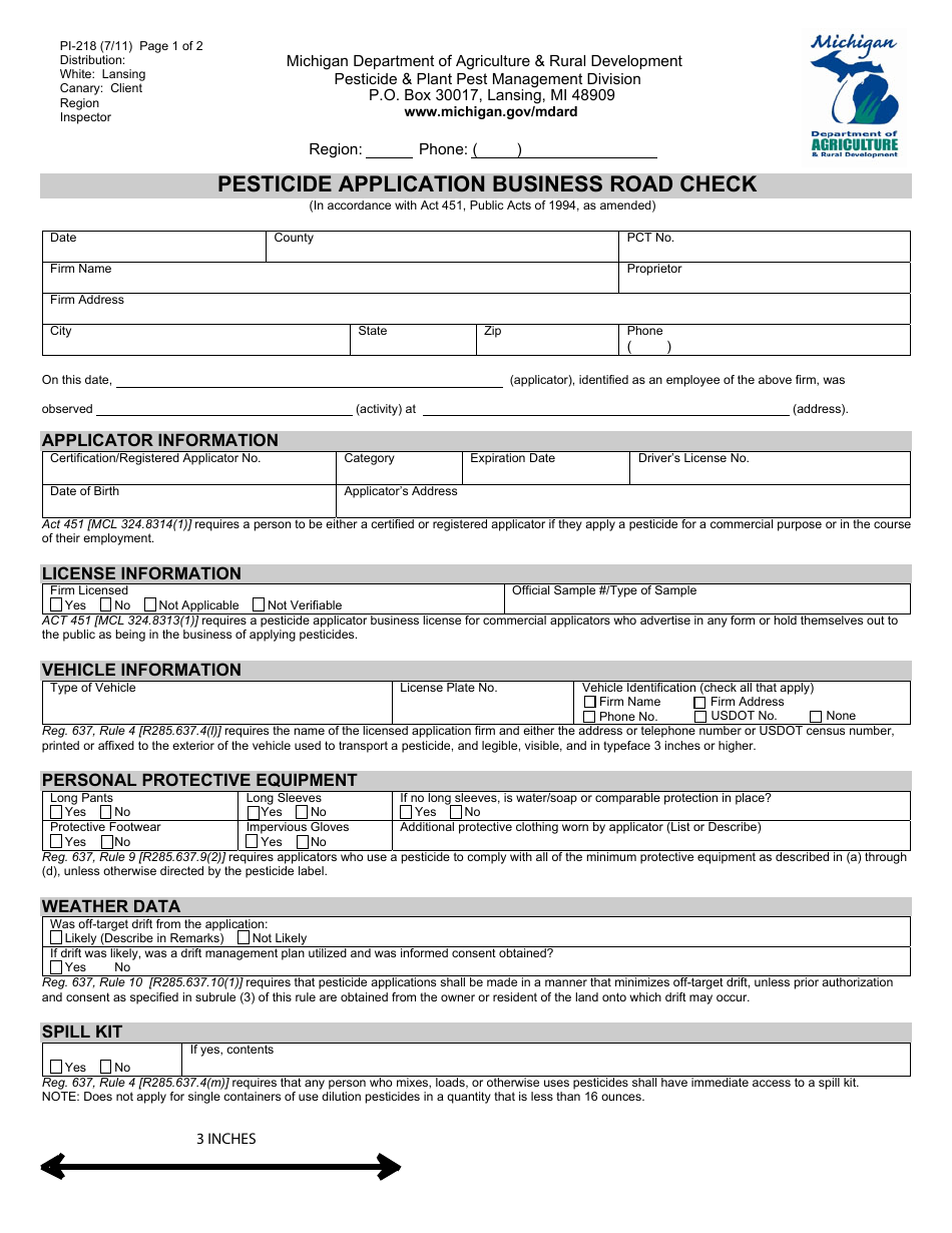 Form PI-218 Pesticide Application Business Road Check - Michigan, Page 1