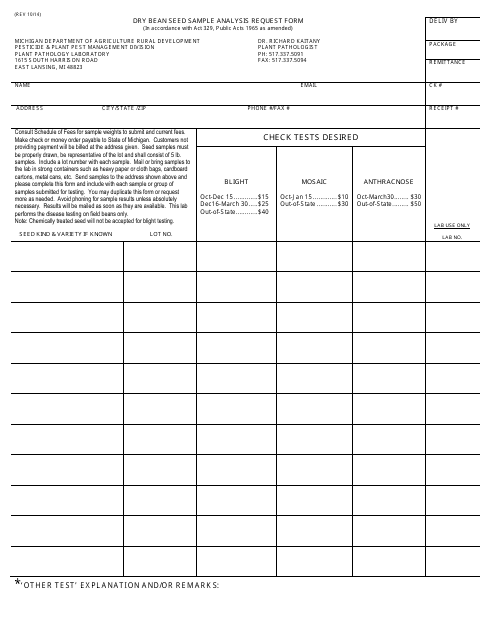 Dry Bean Seed Sample Analysis Request Form - Michigan Download Pdf