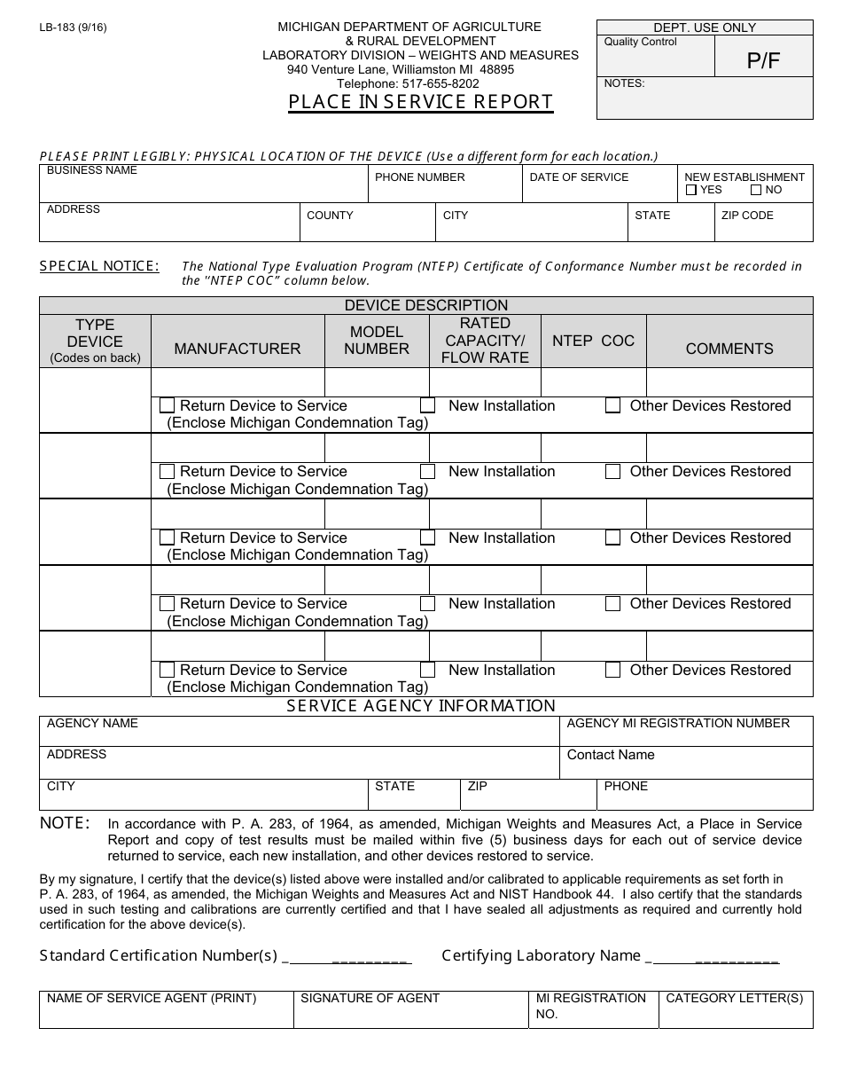 Form LB-183 Place in Service Report - Michigan, Page 1
