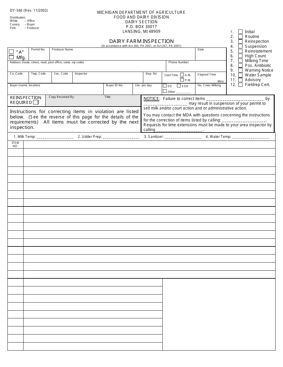 Form DY-346 Dairy Farm Inspection - Michigan, Page 1