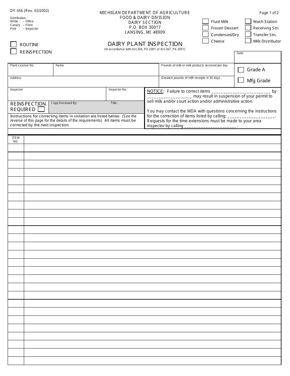 Form DY-366 Dairy Plant Inspection - Michigan, Page 1