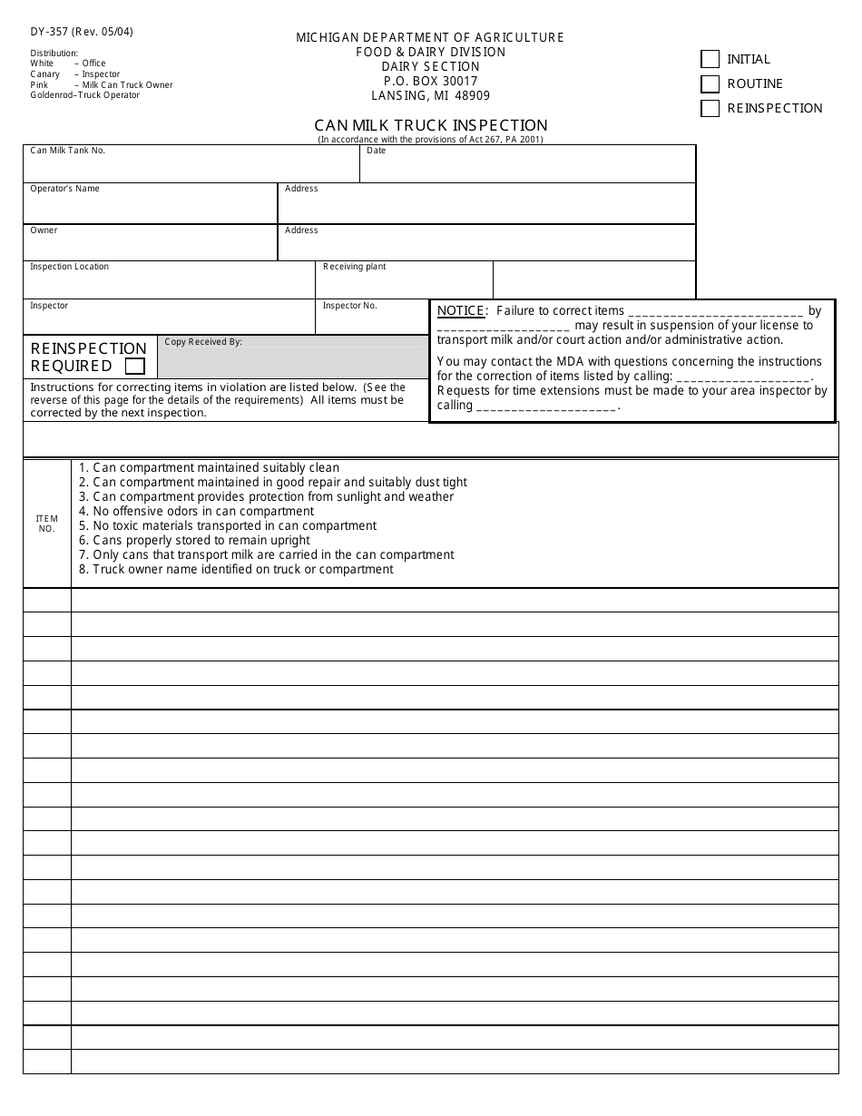 Form DY-357 Can Milk Truck Inspection - Michigan, Page 1
