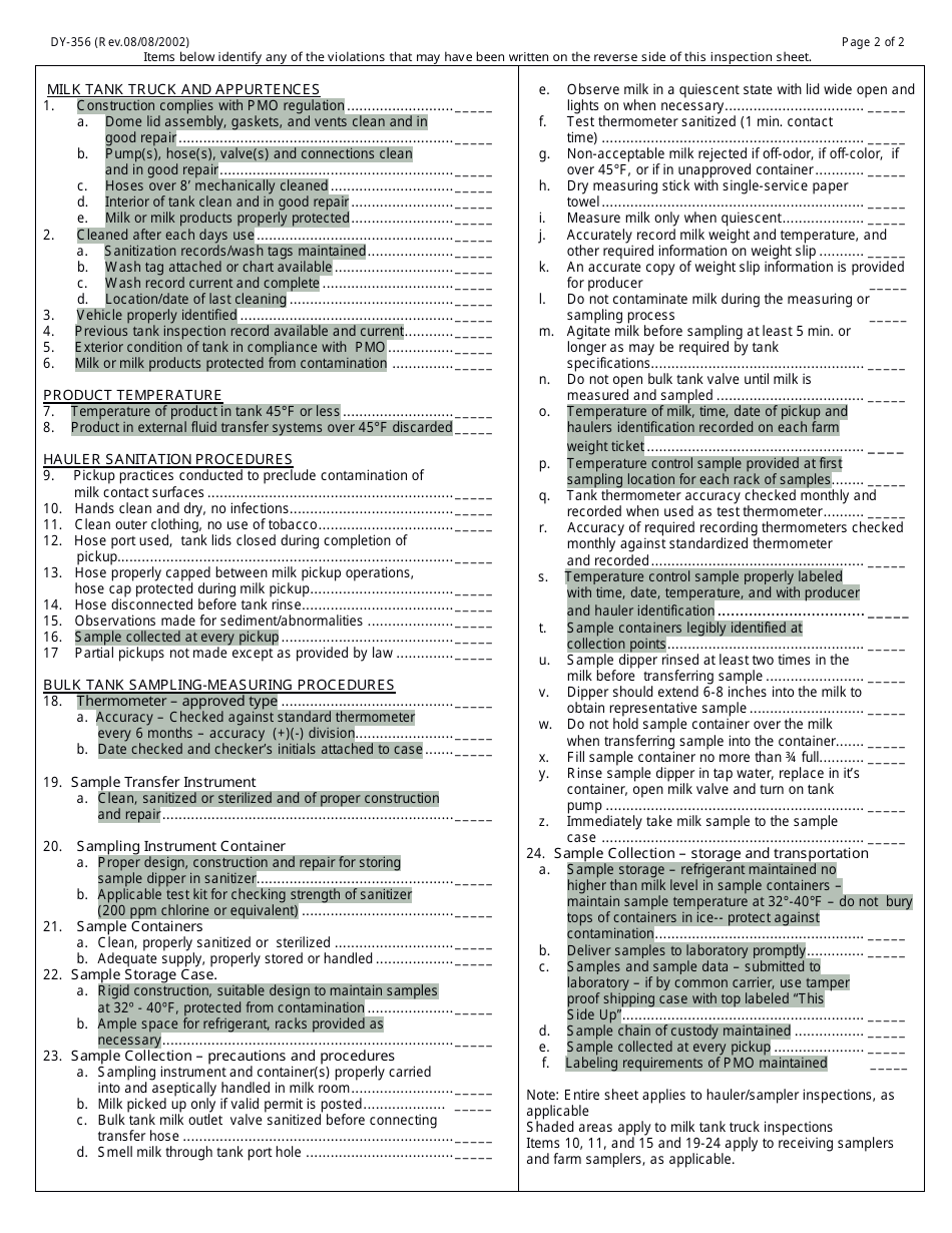 Form DY-356 Hauler / Sampler and Milk Tank Truck Inspection - Michigan, Page 2