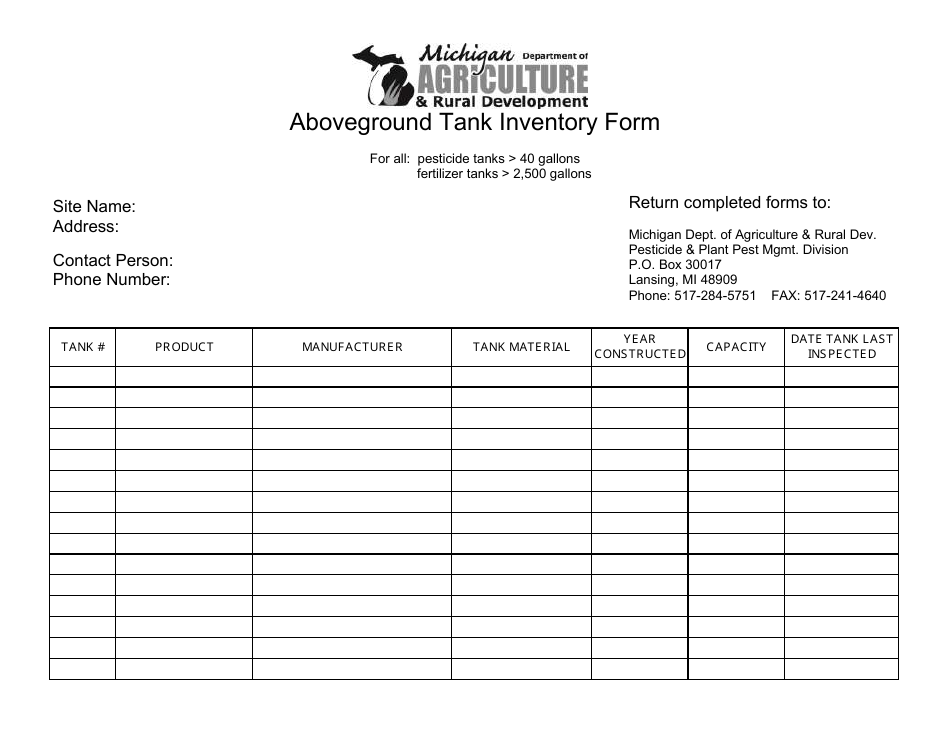 Aboveground Tank Inventory Form - Michigan, Page 1